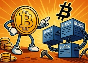 Cartoonachtige illustratie van een Bitcoin-personage dat naar blokken met kettingen wijst, symbool voor de werking van de Bitcoin blockchain.