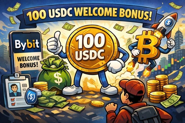 Crypto karikatuur die de Bybit welkomstbonus van 100 USDC toont met munten, Bitcoin-figuur en startende trader.