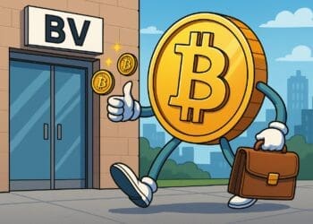 Karikatuur van een lopende bitcoin met aktetas die een BV-gebouw binnenstapt, in cartoonstijl met stad op de achtergrond
