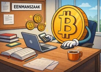 Cartoon van een personificatie van bitcoin die werkt achter een bureau in een eenmanszaak, met laptop, calculator en administratie.