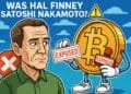 Cartoonillustratie van Hal Finney die nadenkend kijkt naar een geanimeerd Bitcoin-muntpersonage met een “Exposed”-stempel, in Cointelegraph-stijl met blauwe lucht en wolken op de achtergrond.