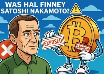 Cartoonillustratie van Hal Finney die nadenkend kijkt naar een geanimeerd Bitcoin-muntpersonage met een “Exposed”-stempel, in Cointelegraph-stijl met blauwe lucht en wolken op de achtergrond.