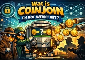 Illustratie van twee vermomde Bitcoin-karakters die een CoinJoin-mixmachine bedienen, met munten die via pijpleidingen naar schaduwfiguren gaan, op een achtergrond van een digitale stad en blockchain-netwerk in felle kleuren.