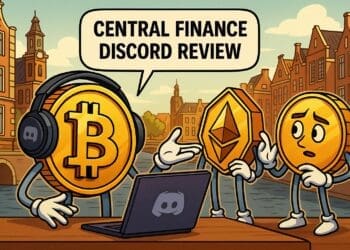Cartoon illustratie van Bitcoin en Ethereum die samen de Central Finance Discord bespreken in een Nederlandse stad.