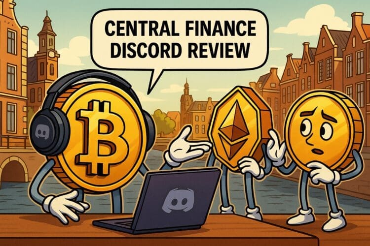 Cartoon illustratie van Bitcoin en Ethereum die samen de Central Finance Discord bespreken in een Nederlandse stad.