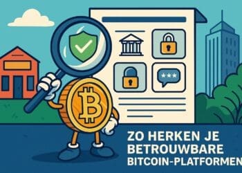 Cartoonachtige illustratie van een Bitcoin-personage met een vergrootglas dat betrouwbare crypto-platformen onderzoekt, met beveiligingsiconen en moderne gebouwen op de achtergrond.