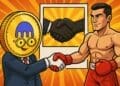 Karikaturistische crypto-afbeelding van een Kraken-munt die een kickbokser van GLORY een hand geeft om hun nieuwe partnership te symboliseren