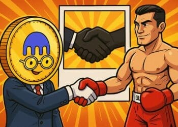 Karikaturistische crypto-afbeelding van een Kraken-munt die een kickbokser van GLORY een hand geeft om hun nieuwe partnership te symboliseren