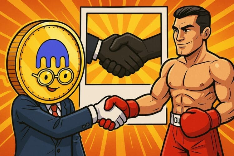 Karikaturistische crypto-afbeelding van een Kraken-munt die een kickbokser van GLORY een hand geeft om hun nieuwe partnership te symboliseren