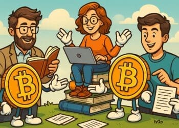 Illustratie in crypto-karikatuurstijl waarin menselijke personages samenwerken met cartoonachtige Bitcoin-figuren om verschillende educatieve platforms en leerbronnen te symboliseren.