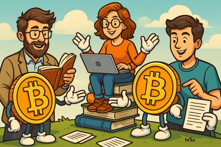 Illustratie in crypto-karikatuurstijl waarin menselijke personages samenwerken met cartoonachtige Bitcoin-figuren om verschillende educatieve platforms en leerbronnen te symboliseren.