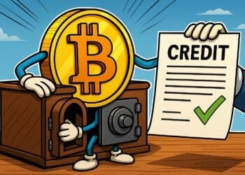 Karikatuur van bitcoin als onderpand voor krediet, in crypto-cartoonstijl.