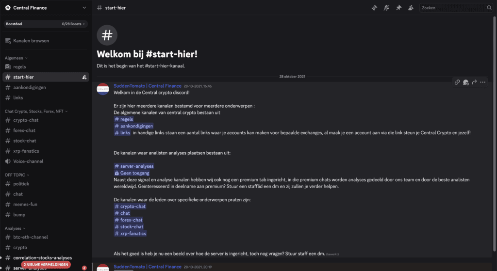 Screenshot van het start-hier kanaal in de Central Finance Discord server met uitleg over regels, kanalen en analyses.