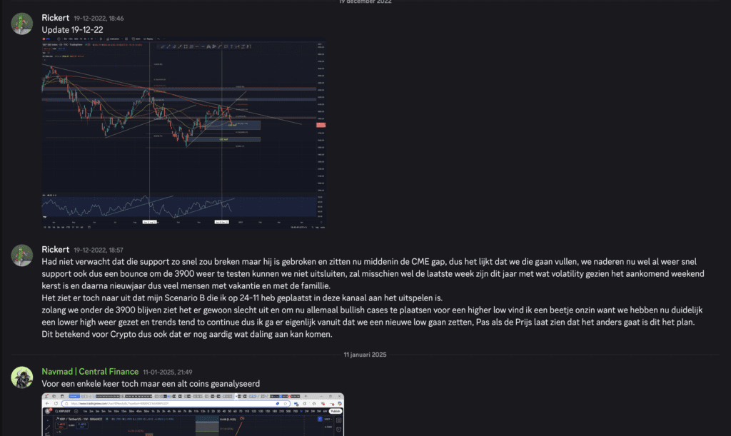 Screenshot van een technische koersanalyse met grafieken en marktcommentaar gedeeld binnen de Central Finance Discord community.