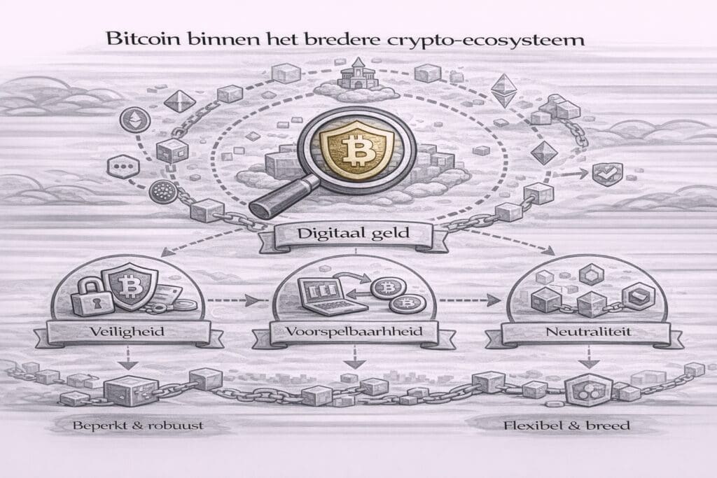 Zwart-witte landscape infographic die de positie van Bitcoin binnen het bredere crypto-ecosysteem toont, met Bitcoin als apart digitaal geldsysteem gericht op veiligheid, voorspelbaarheid en neutraliteit.