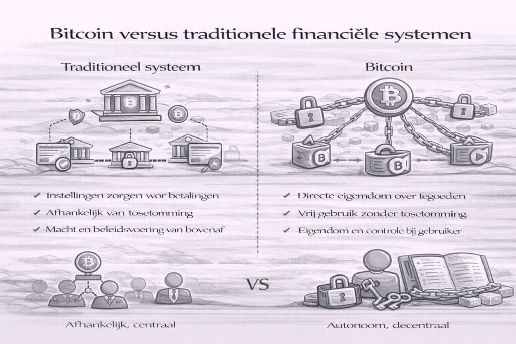 Zwart-witte landscape infographic die Bitcoin vergelijkt met traditionele financiële systemen, met links centrale instellingen en tussenpersonen en rechts Bitcoin als decentraal systeem met direct eigendom en controle door de gebruiker.
