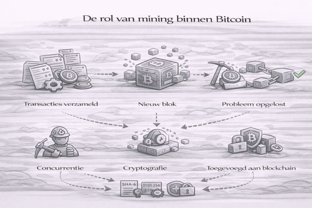 Zwart-witte landscape infographic die laat zien hoe mining binnen Bitcoin werkt: transacties worden verzameld, miners lossen cryptografische puzzels op en voegen nieuwe blokken toe aan de blockchain om het netwerk te beveiligen.