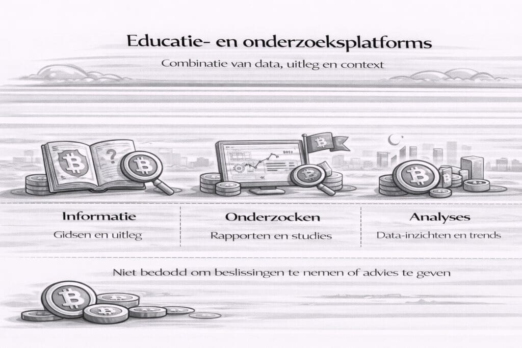 Zwart-witte landscape infographic over educatie- en onderzoeksplatforms binnen crypto, die data, uitleg en context combineren om kennis en begrip te vergroten zonder advies te geven.