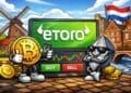 Illustratie in crypto-karikatuurstijl van eToro als crypto broker voor Nederlandse gebruikers met Bitcoin en Ethereum en Nederlandse achtergrond.