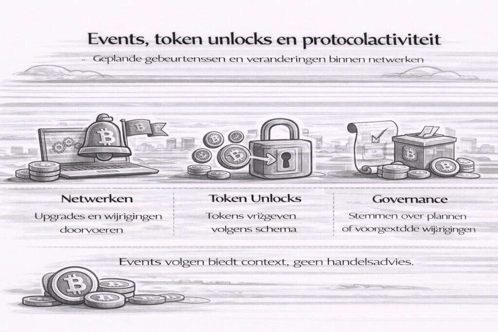 Zwart-witte landscape infographic over crypto tools die events, token unlocks en protocolactiviteit volgen, bedoeld om inzicht te geven in planning, timing en ontwikkelingen binnen netwerken.