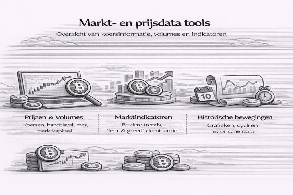Zwart-witte landscape infographic die markt- en prijsdata tools uitlegt, met focus op koersinformatie, volumes, marktindicatoren en het analyseren van trends en historische prijsbewegingen.