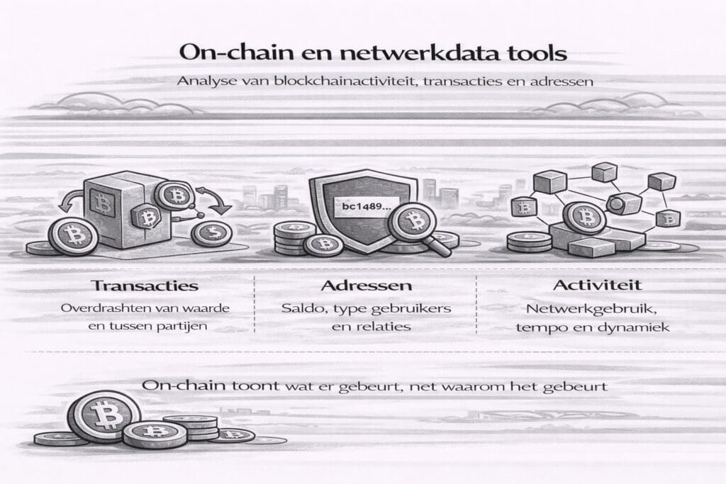 Zwart-witte landscape infographic die on-chain en netwerkdata tools uitlegt, met focus op transacties, adressen en netwerkactiviteit om blockchaingebruik en dynamiek te analyseren.