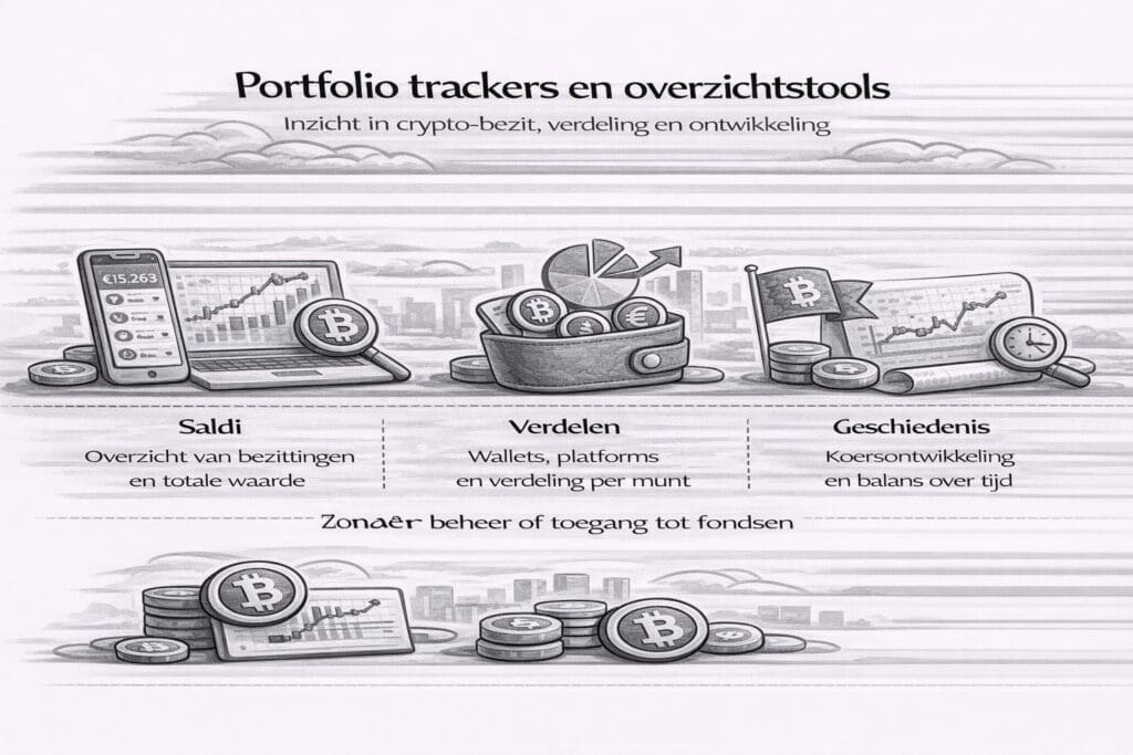 Zwart-witte landscape infographic over portfolio trackers en overzichtstools, die inzicht geven in crypto-bezit, verdeling en historische ontwikkeling zonder beheer of toegang tot fondsen.