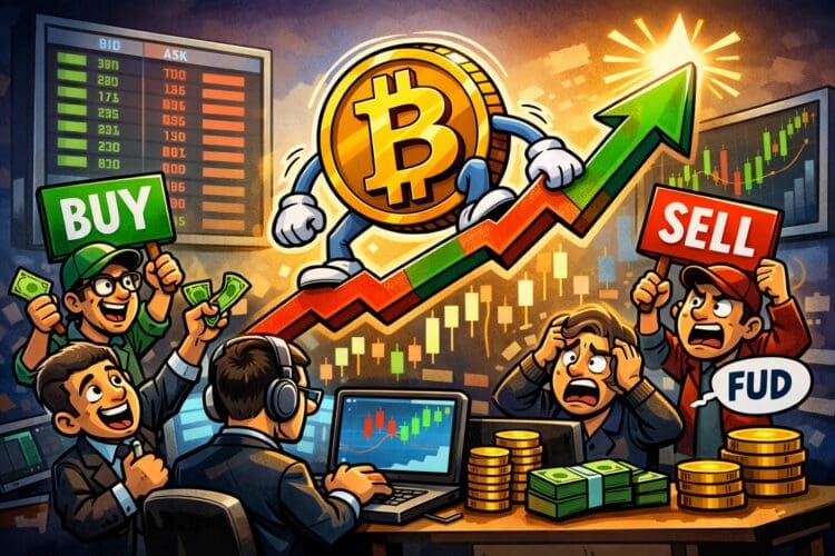 Karikatuurillustratie van bitcoinprijsvorming met kopers en verkopers, een stijgende en dalende koersgrafiek en vraag en aanbod op een cryptomarkt