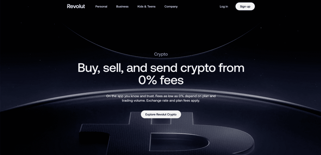 Revolut crypto landingspagina met boodschap buy, sell and send crypto en informatie over kostenstructuur