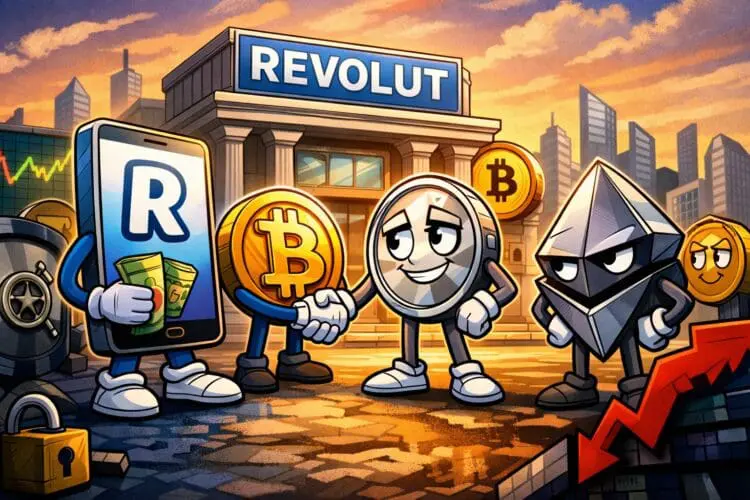 Crypto karikatuur van Revolut als crypto broker met bitcoin en ethereum, illustratie bij een Revolut crypto review over veiligheid en gebruiksgemak