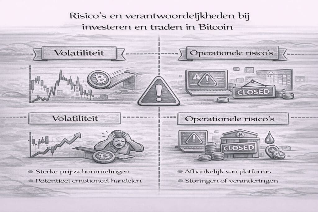 Zwart-witte landscape infographic die de belangrijkste risico’s bij investeren en traden in Bitcoin toont, met nadruk op volatiliteit en operationele risico’s door afhankelijkheid van externe platforms.