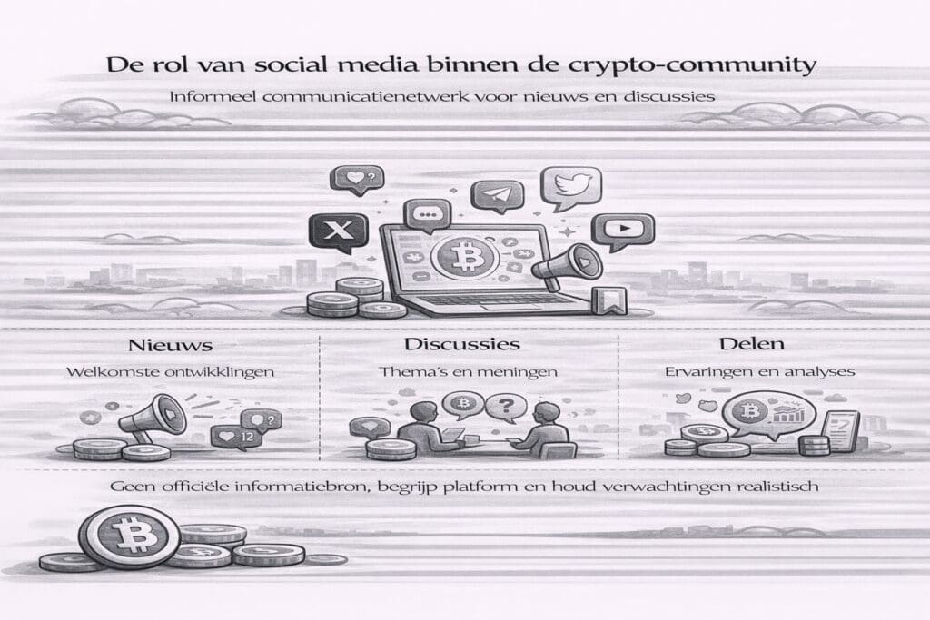 Zwart-witte landscape infographic over de rol van social media binnen de crypto-community, waarin snelle nieuwsverspreiding, real-time discussies en het subjectieve karakter van informatie worden toegelicht.