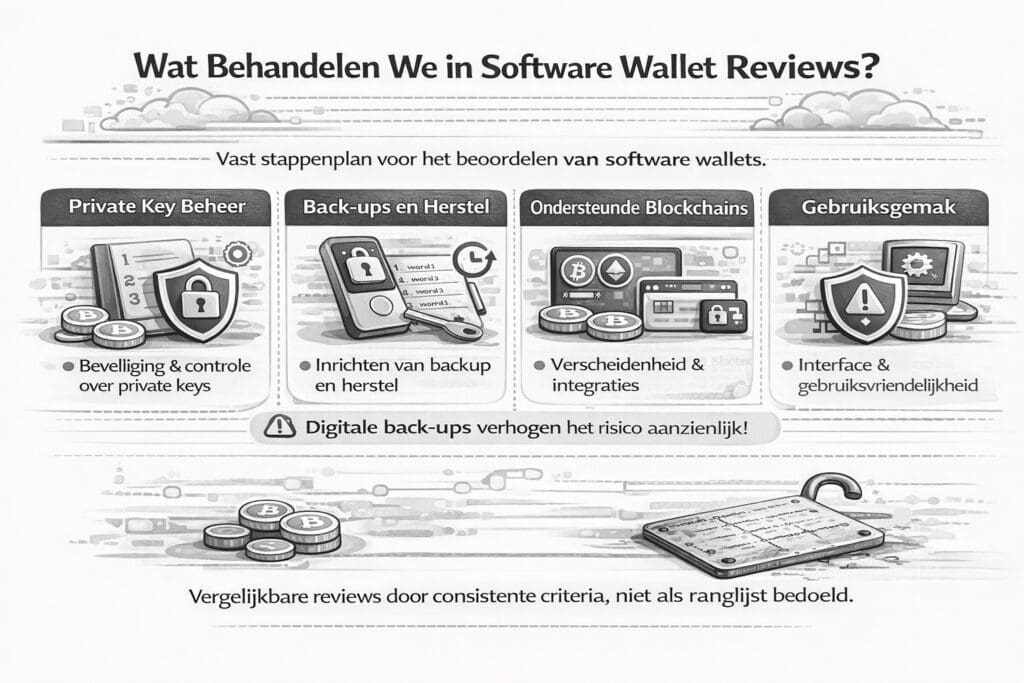 Zwart-witte landscape infographic met de belangrijkste beoordelingscriteria in software wallet reviews, zoals beheer van private keys, back-ups en herstel, ondersteunde blockchains, gebruiksvriendelijkheid en beveiligingsrisico’s.
