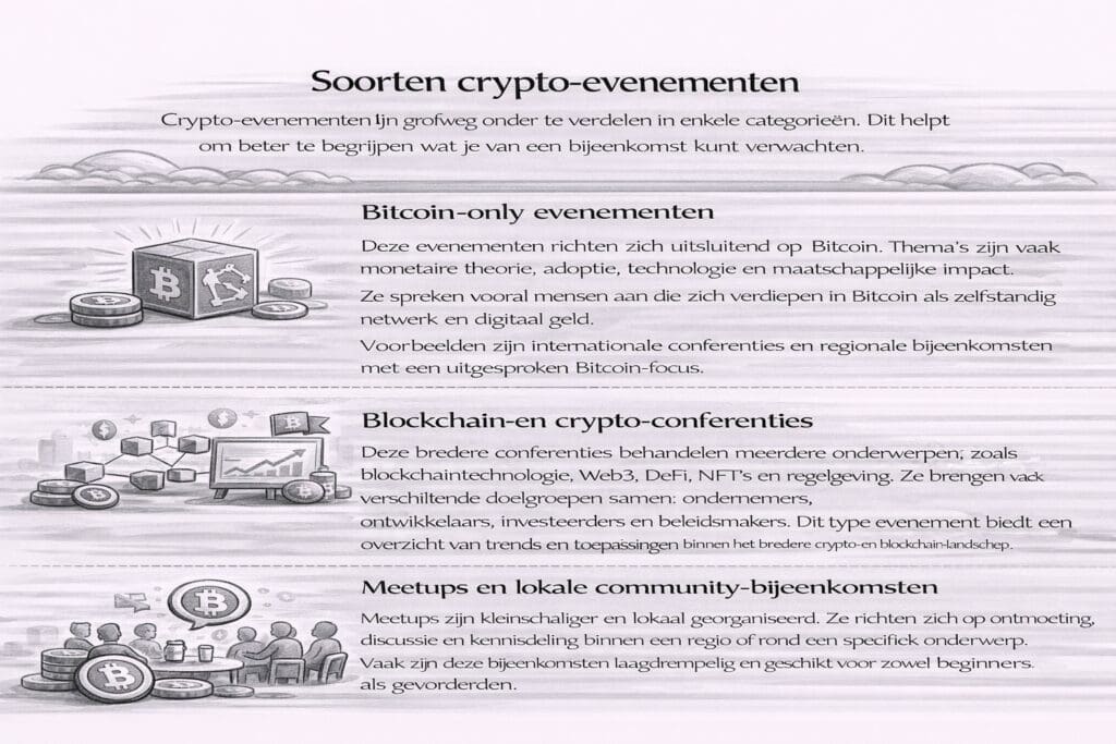 Zwart-witte landscape infographic die verschillende soorten crypto-evenementen toont, waaronder bitcoin-only evenementen, blockchain- en crypto-conferenties en lokale meetups voor verschillende ervaringsniveaus.