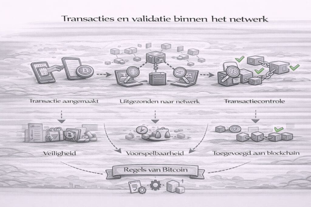 Zwart-witte landscape infographic die laat zien hoe Bitcoin-transacties worden aangemaakt, uitgezonden naar het netwerk, gecontroleerd door deelnemers en uiteindelijk worden toegevoegd aan de blockchain volgens vaste regels.