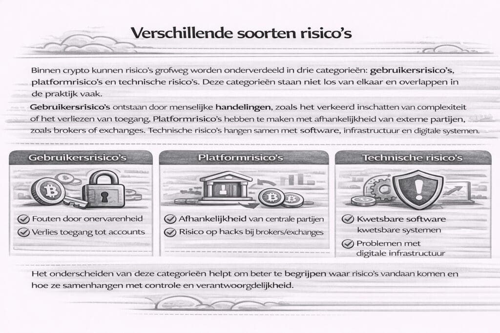 Zwart-witte landscape infographic die verschillende soorten risico’s binnen crypto uitlegt, waaronder gebruikersrisico’s, platformrisico’s en technische risico’s, en hoe deze met elkaar samenhangen.