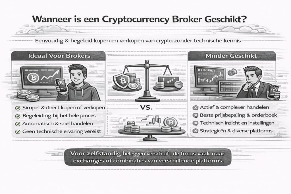 Zwart-witte landscape infographic die laat zien wanneer een cryptocurrency broker geschikt is, met focus op eenvoud en begeleiding versus minder geschiktheid voor actief en complex handelen.