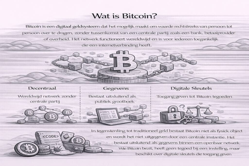 Zwart-witte landscape infographic die uitlegt wat Bitcoin is: een decentraal digitaal geldsysteem waarmee waarde direct van persoon tot persoon wordt overgedragen via een openbaar netwerk.
