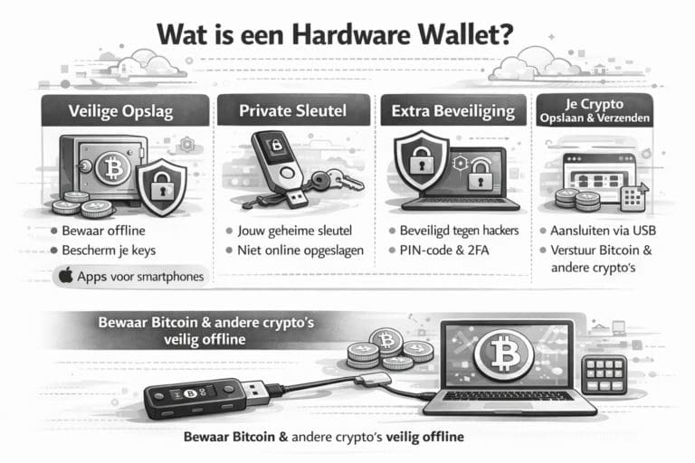 Zwart-witte landscape infographic met uitleg wat een hardware wallet is, inclusief offline opslag van private keys, extra beveiliging en veilig bewaren van bitcoin.