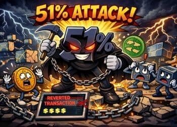 Karikatuurillustratie van een 51% attack waarbij een aanvaller de meerderheid van een blockchainnetwerk controleert en transacties manipuleert