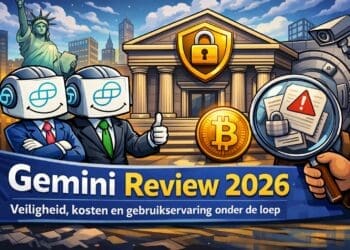 Cartoonillustratie van de Gemini crypto exchange met beveiliging, bitcoin en handelsplatform in een Gemini review 2026 context