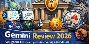 Cartoonillustratie van de Gemini crypto exchange met beveiliging, bitcoin en handelsplatform in een Gemini review 2026 context