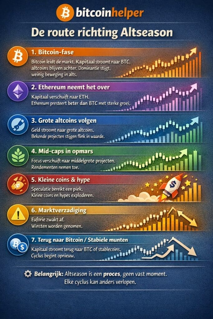 Infographic die de route richting altseason laat zien met de verschillende fases van de crypto marktcyclus