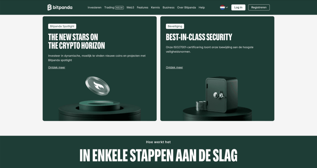Bitpanda sectie met informatie over beveiliging, nieuwe crypto-projecten en platformfunctionaliteiten