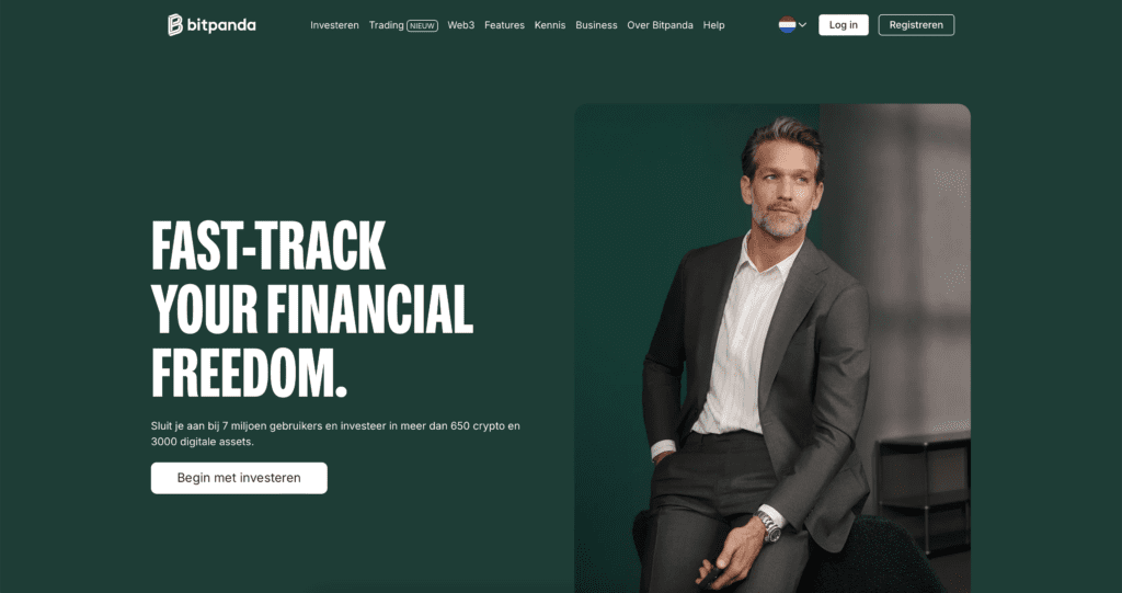 Homepage van Bitpanda met introductietekst, navigatiemenu en focus op investeren in crypto en digitale assets binnen Europa