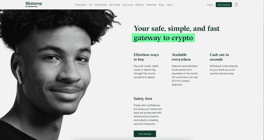 Bitstamp website met uitleg over veilige en eenvoudige toegang tot crypto via kaarten, bankoverschrijvingen en directe opnames