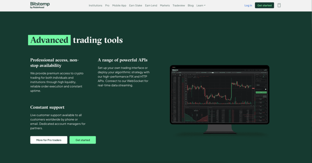 Bitstamp Pro handelsplatform met professionele grafieken, orderboeken en API-toegang voor actieve crypto-traders