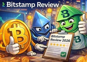 Crypto-karikatuur met het Bitstamp-logo, Bitcoin en euro-symbolen rond een document met de tekst “Bitstamp Review 2026”, tegen een achtergrond met koersgrafieken en Europese financiële gebouwen