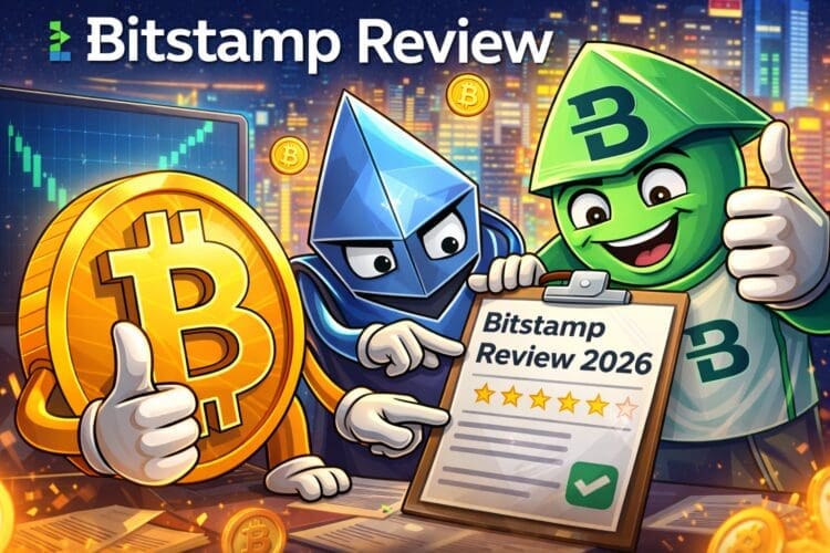 Crypto-karikatuur met het Bitstamp-logo, Bitcoin en euro-symbolen rond een document met de tekst “Bitstamp Review 2026”, tegen een achtergrond met koersgrafieken en Europese financiële gebouwen