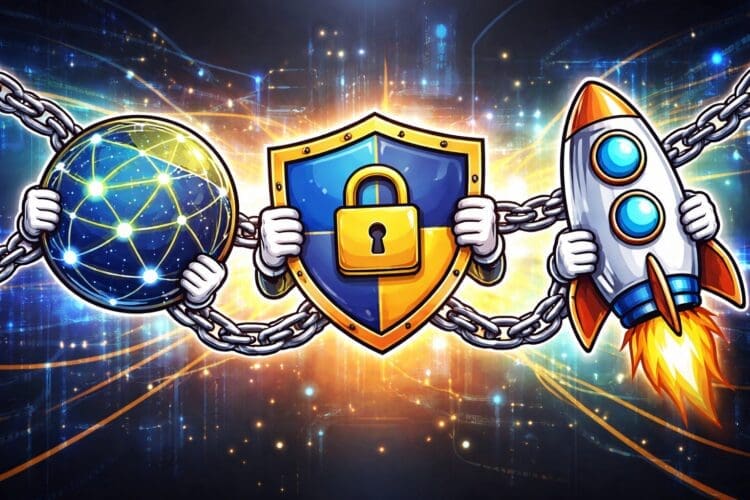 Illustratie van het blockchain trilemma waarbij decentralisatie, veiligheid en schaalbaarheid als drie verbonden pijlers worden afgebeeld die met elkaar in balans moeten worden gebracht